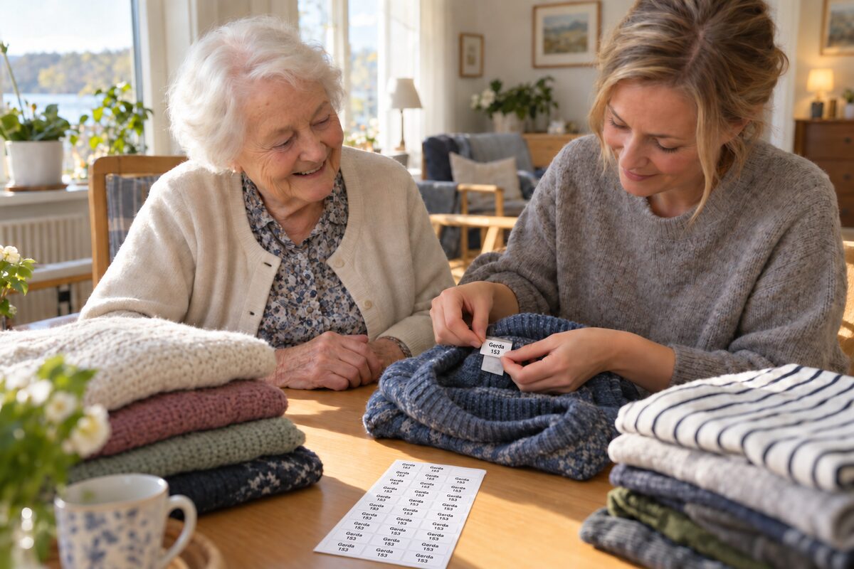 En datter sætter en navnelabel med teksten "Gerda 153" på sin mors sweater, mens et ark med 30 labels ligger på bordet
